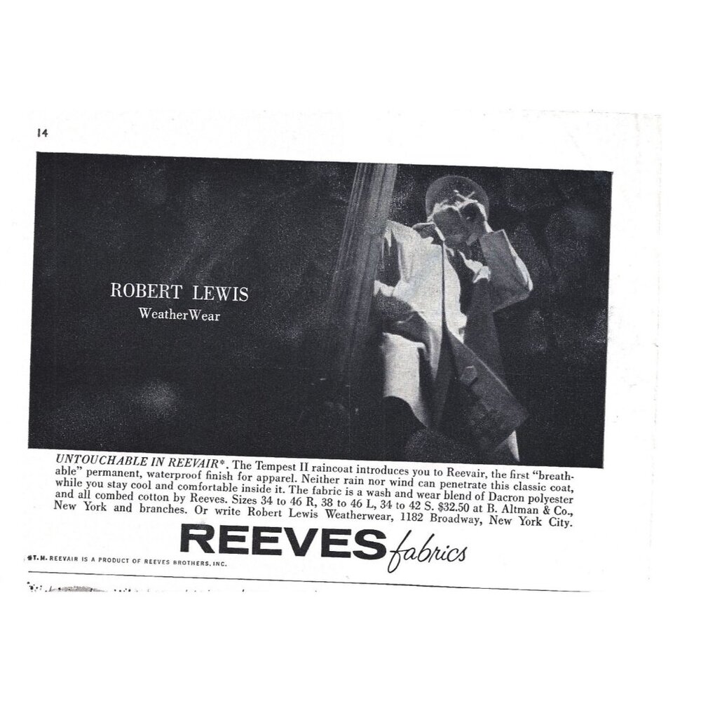 Reeves Robert Lewis Weather Wear Raincoat Dacron 1960s Vintage Print Ad